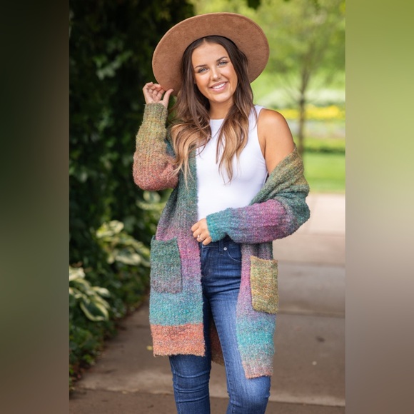 Multicolor Ombre Textured Marled Knit Cardigan with Pockets - Picture 10 of 16